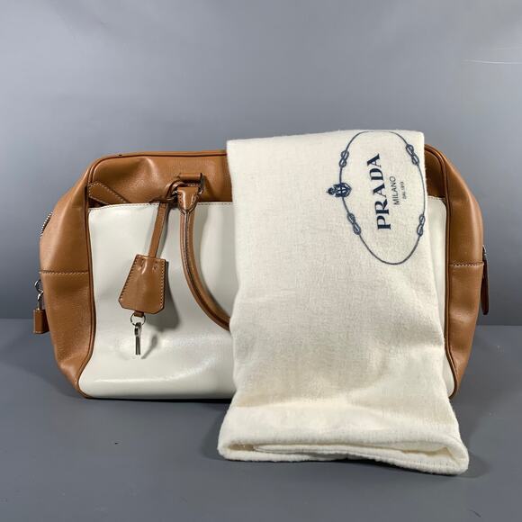 PRADA Tan Cream Color Block Leather Overnight Bags - Picture 15 of 15